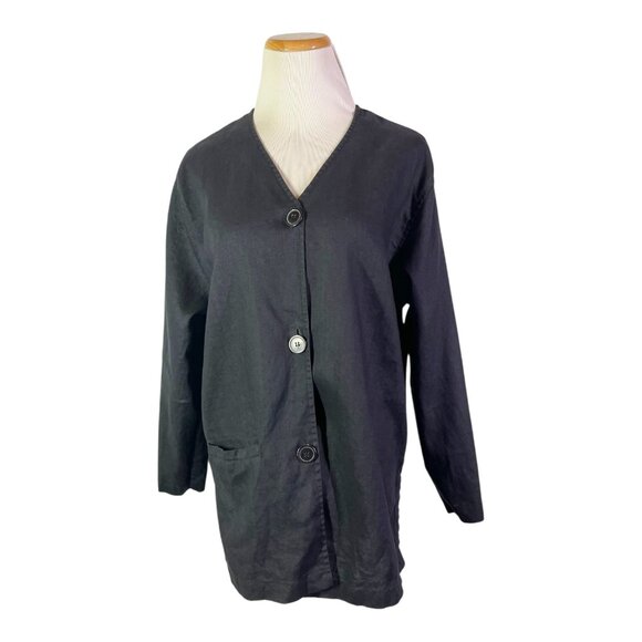 David Dart Size S Button-Front Black Linen Jacket V-Neck - Picture 1 of 9
